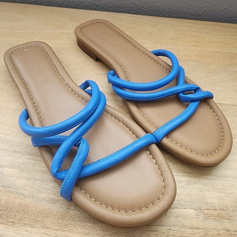 Madewell The Amel Slide Ornamental Blue Leather Sandals Womens Size 10